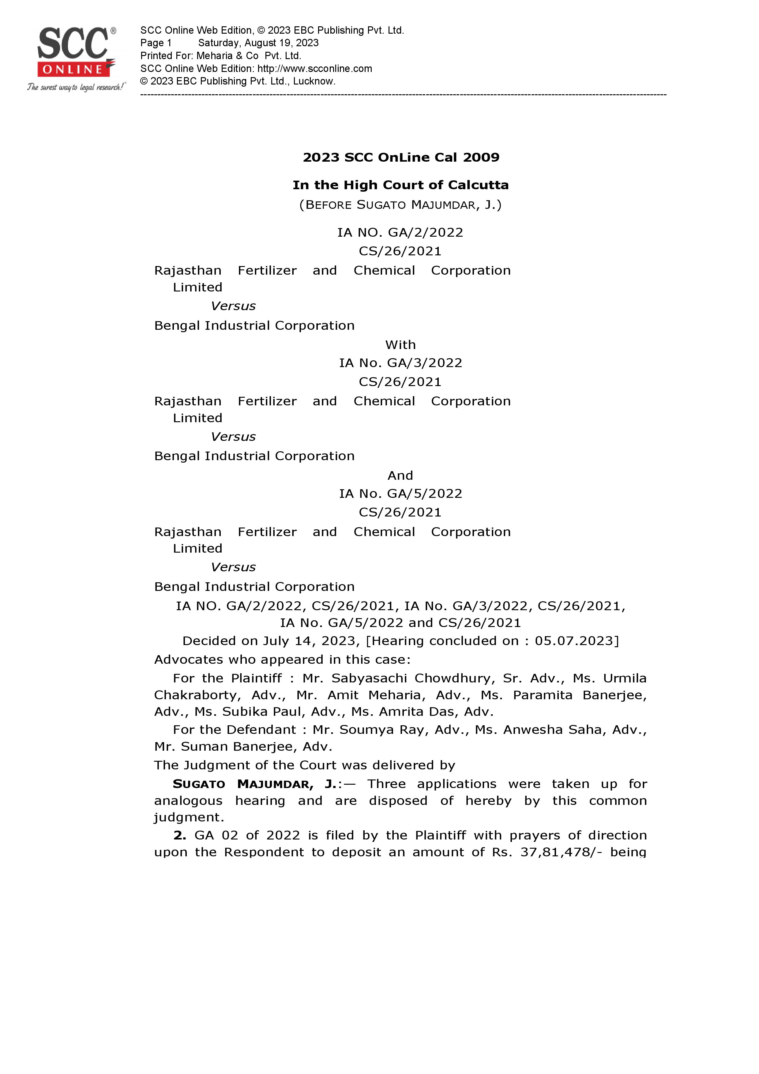 Judgment- Rajasthan Fertilizers v. Bengal Industrial Corp.