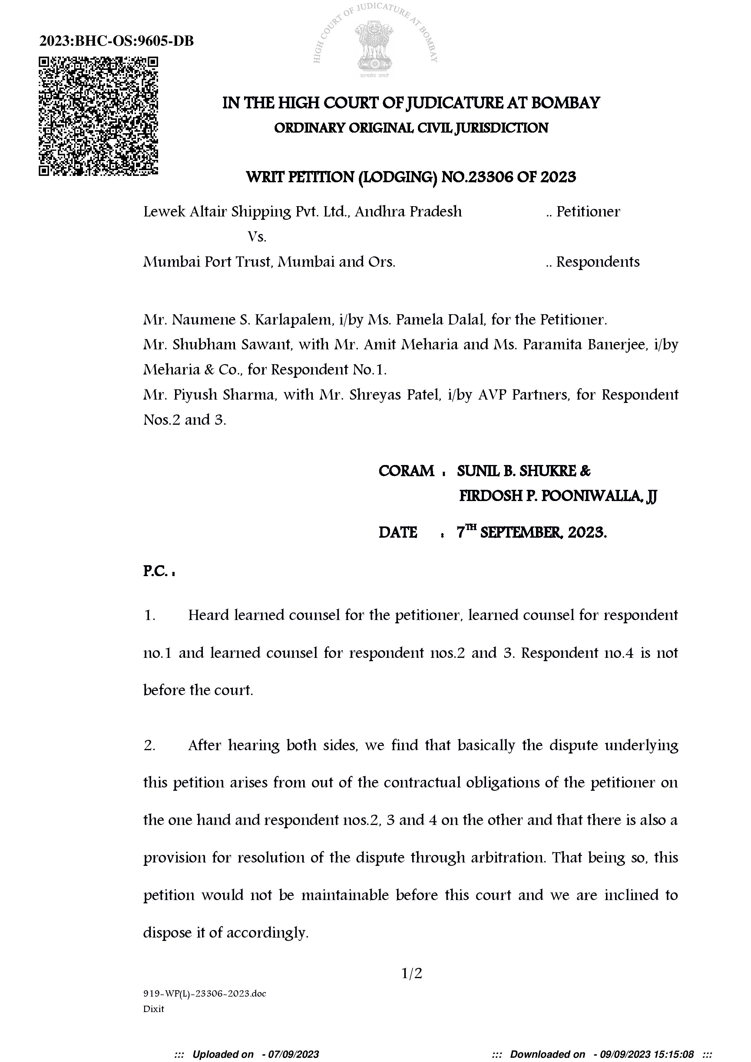 Judgment- Lewek Altair Shipping v. Mumbai Port Trust