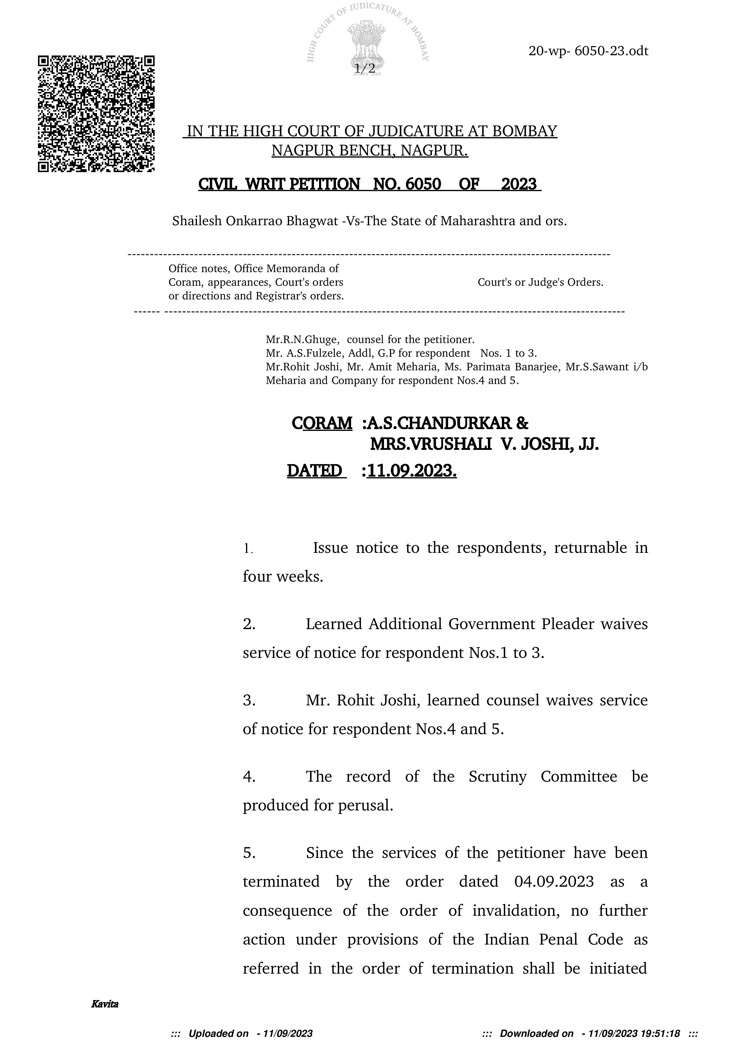 Judgment- Shailesh Onkarrao Bhagwat v. The State of Maharashtra and ors.