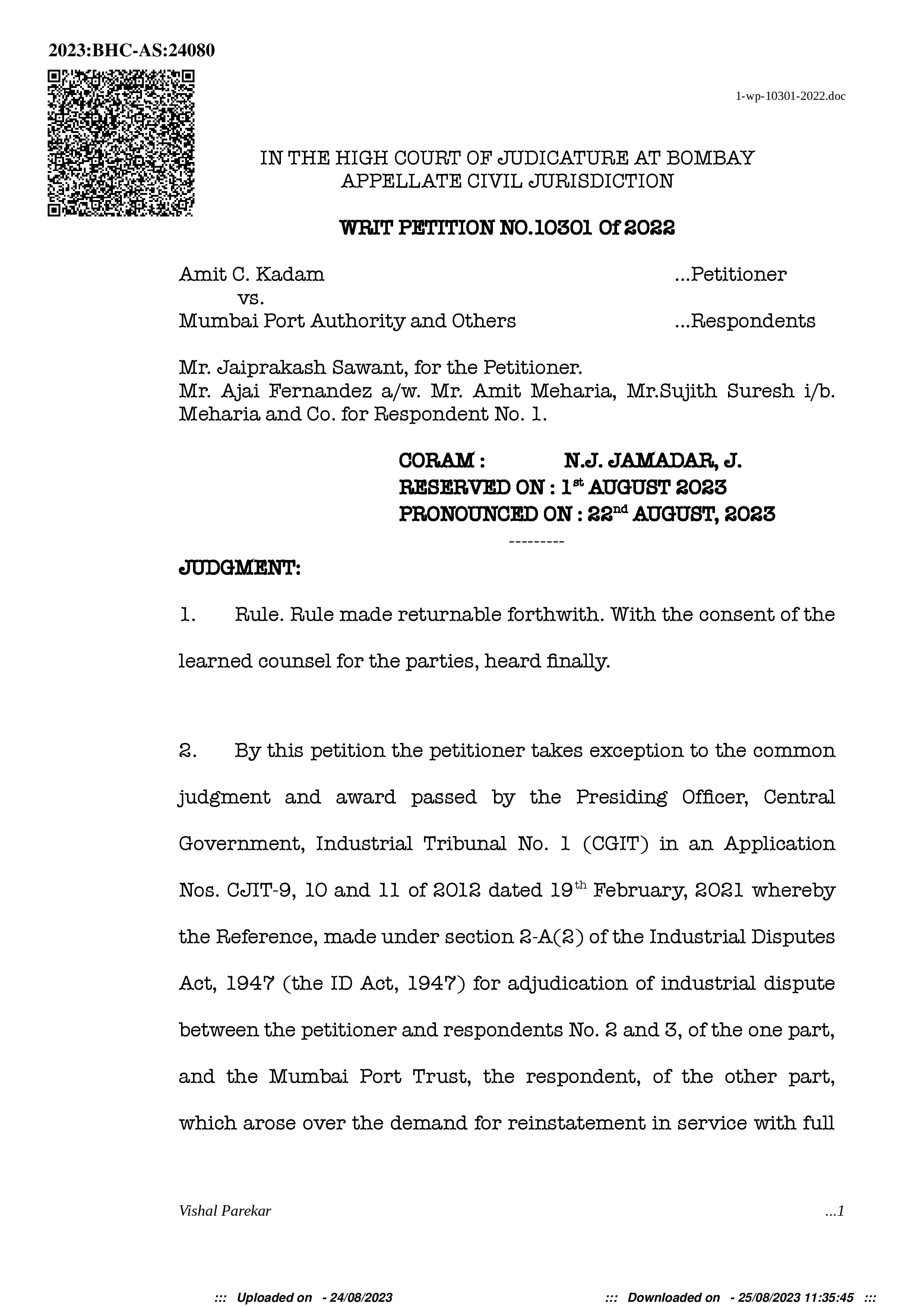 Judgment- Amit C. Kadam v. Mumbai Port Authority and Others